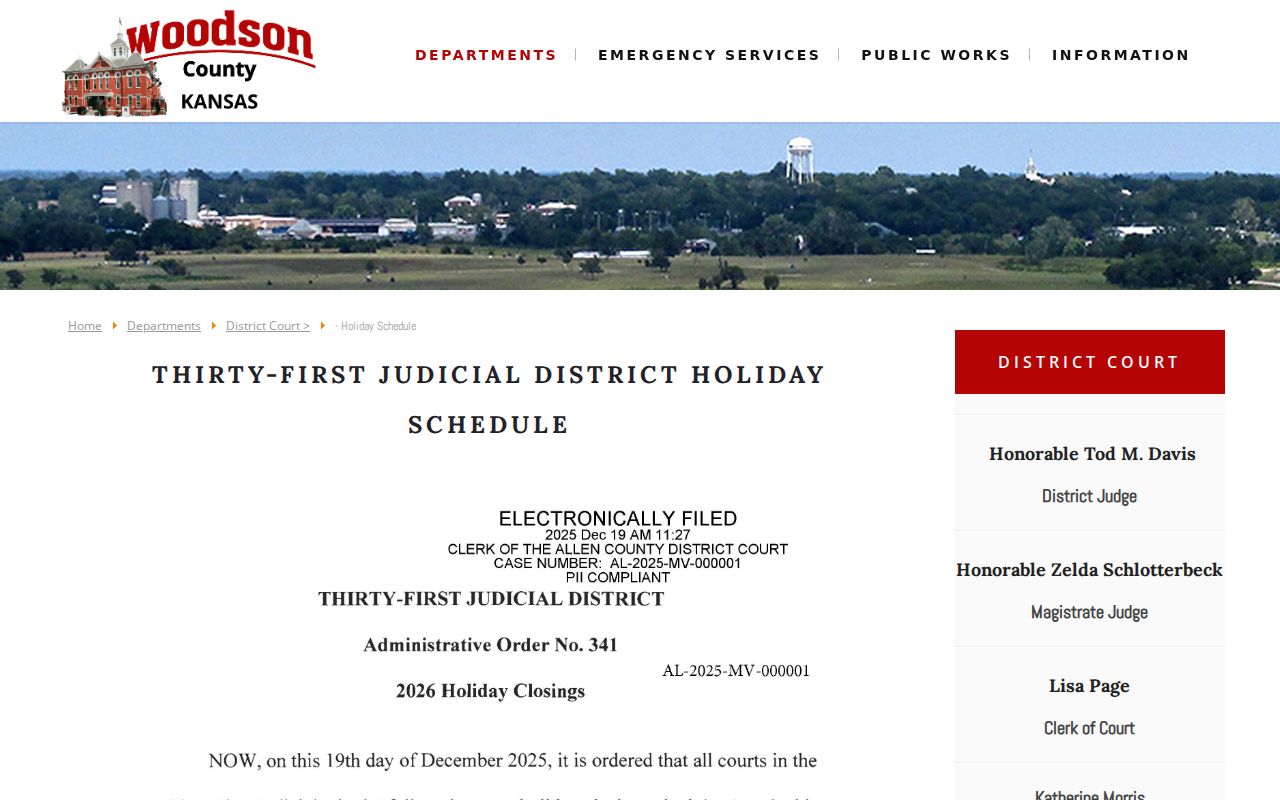 Woodson County court dates holiday schedule page